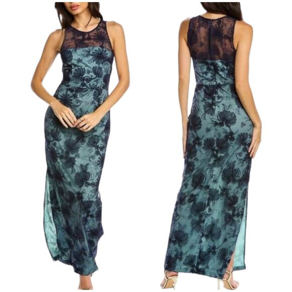 JS Collections NWT Carter Halter Sequim Floral Column Gown Size 4 Blue Green - Picture 1 of 12